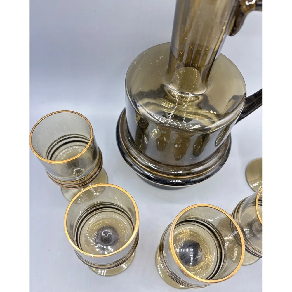 Vintage MCM Smoky Brown Glass Decanter Set Gold Rimmed 6 Cordial Glasses Barware